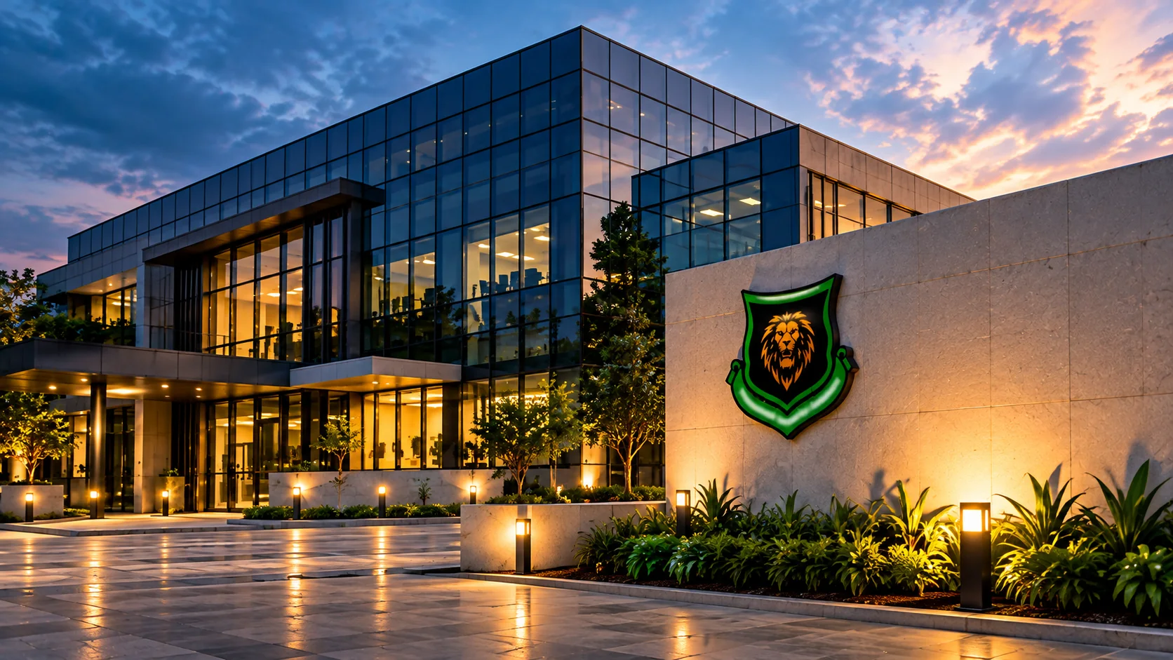 Modern commercial building at dusk